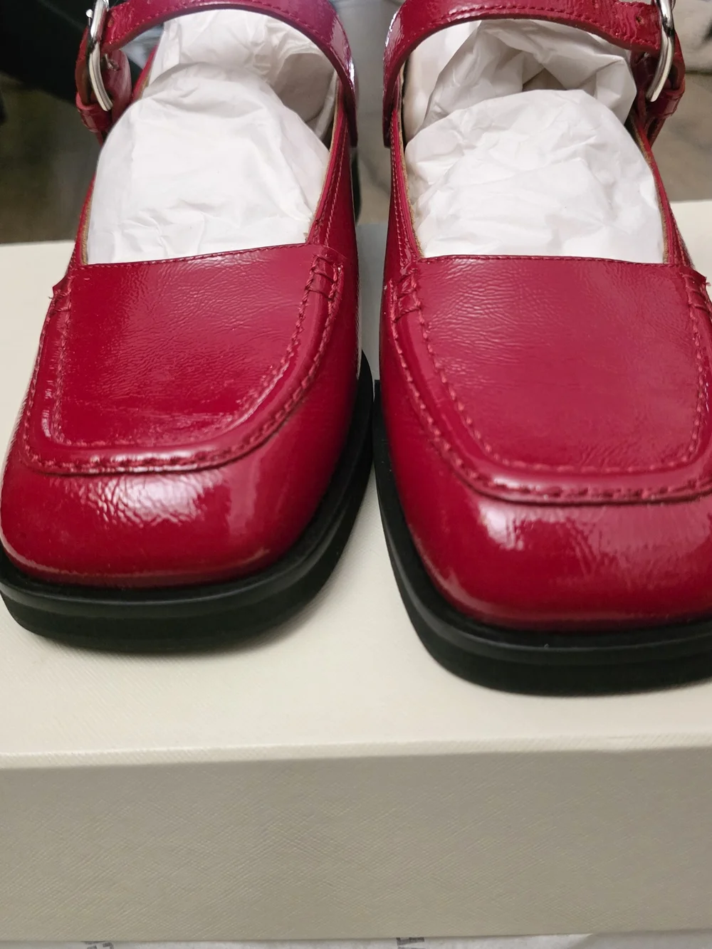 Labucq Norman Mary Jane Square Toe Buckle Strap Red Patent Shoes Size 40